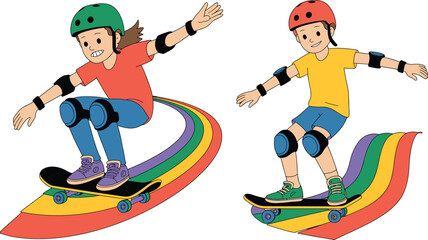 Fototapeta premium Two Children Skateboarding on Rainbow Trails Wearing Helmets and Protective Gear