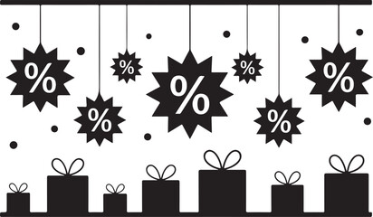 Fototapeta premium Discount Sale – Gift Boxes and Percentage Stars in Black and White