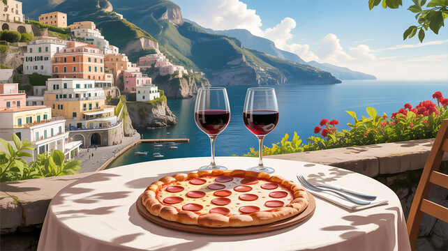 A scenic photograph of a pepperoni pizza and red wine set on an outdoor table with a white tablecloth, overlooking the Amalfi Coast in Italy.