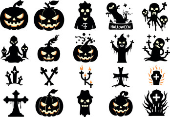 Halloween vector silhouettes of pumpkins ghosts zombies and tombstones spooky cliparts for october.