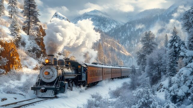 Steam train moving through snowy mountains in winter