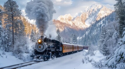 Steam train traveling through snowy mountains in winter