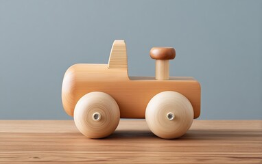 Naklejka premium Minimal wooden toy tractor on wooden table