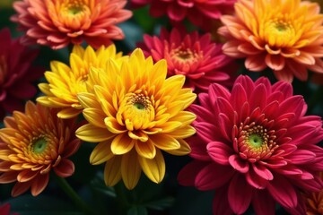 Luxurious gold & crimson chrysanthemums, densely packed petals , closeup, chrysanthemum