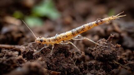 Fototapeta premium A small elongated insect with a segmented body and long antennae perches on textured soil under natural lighting