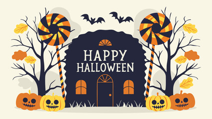 Illustration of a happy halloween scene with pumpkins, bats, candy, trees, and a haunted house image