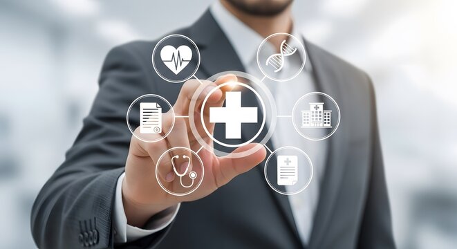 Businessman presents modern health technology, medical icons and digital healthcare solutions for telemedicine innovations in hospital network concepts.