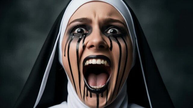 A scary nun with dark makeup and a sinister expression creates a creepy and unsettling horror portrait for halloween or gothic themes