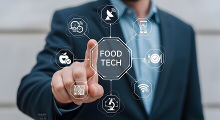 Innovations in the food sector showcase food technology, with a professional touching a digital interface, indicating advancement and connectivity within the industry.