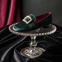 Luxurious Dark Green Velvet Loafers with Rhinestone Buckle on Glass Pedestal

