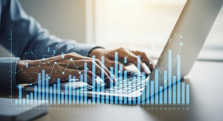 Person typing on laptop with blue financial charts and graphs overlay technology business