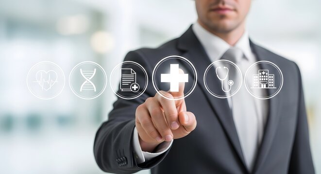 Professional executive selects medical icons on digital display, showcasing healthcare innovation, technology, and the future of medical services with a modern interface.