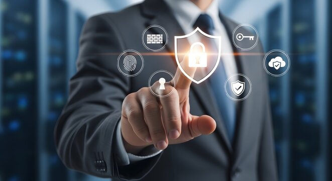 Businessman activating data security with digital shield and icons for cybersecurity and protection against cybercrime threats and data breaches in a server room.