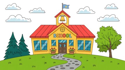 Cartoon school building illustration with trees and clouds for educational use