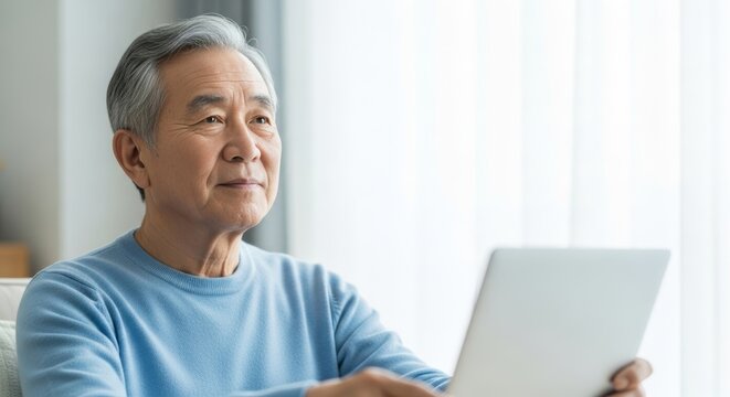 Senior man thoughtfully using a tablet indoors.
