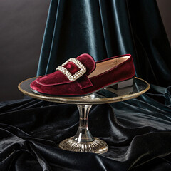 Elegant Burgundy Velvet Loafers with Crystal Buckle on Vintage Pedestal

