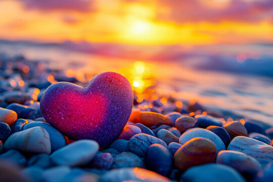 Heart-shaped stone on a colorful pebble beach at sunset - Powered by Adobe