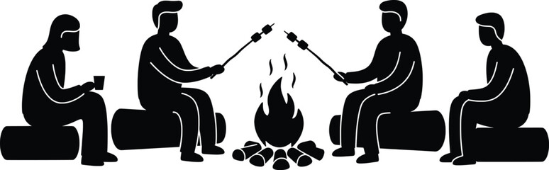 Camping Adventure, Friends Gathering, Forest Campfire, Vector Illustration, Evening Atmosphere, Cozy Setting