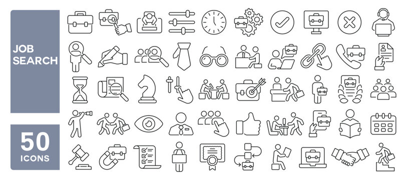Set of 50 line icons related to job search, recruitment, interview, headhunting, career development, work seeking, Editable stroke. Vector illustration - Powered by Adobe