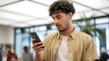 Man using smartphone mobile technology for communication and social media browsing online