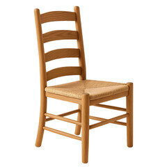 A stylish wooden dining chair with a natural finish, featuring a woven straw seat and ladder-back design.