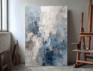 Abstract art piece, cool greys and blues, textured canvas