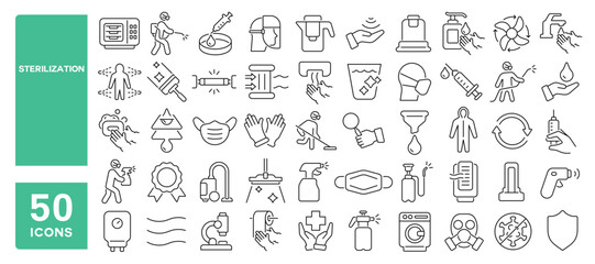 Set of 50 line icons related to sterilization, disinfection, filtration, hygiene, sterilizer, Editable stroke. Vector illustration