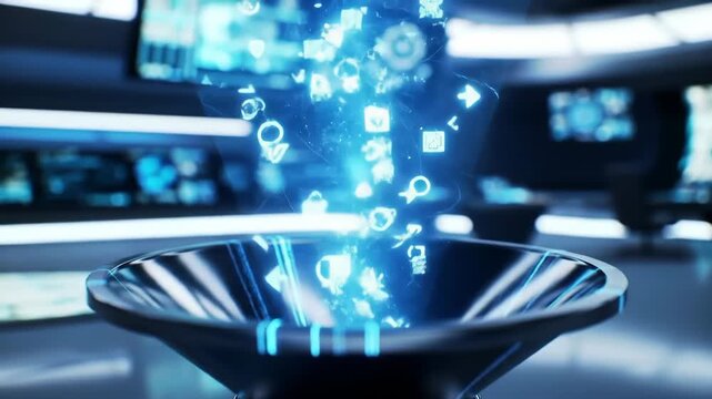 Futuristic funnel projecting data cone, glowing icons, high-tech environment with animated digital flow