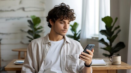 Young man using smartphone at desk at home working online communication technology