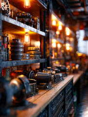 Obraz premium Industrial workshop with vintage machine parts and warm lighting ambiance