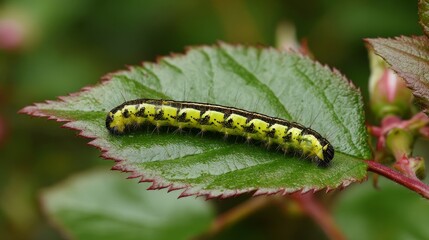 Fototapeta premium A yellow and black caterpillar crawls on a green leaf with red serrated edges