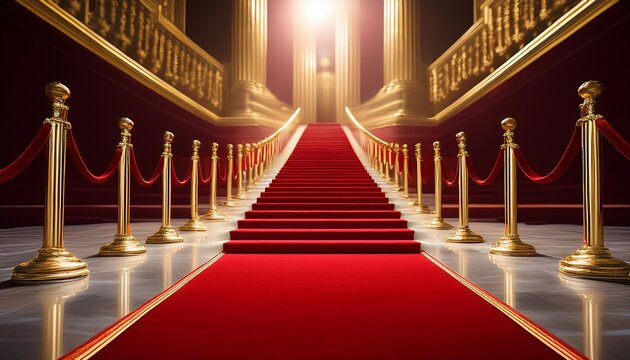 red event carpet stair and gold rope barrier concept of success and triumph made with generative ai