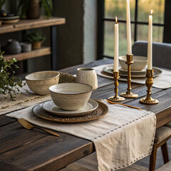 Cozy Rustic Table Setting with Ceramic Dinnerware and Lit Candles

