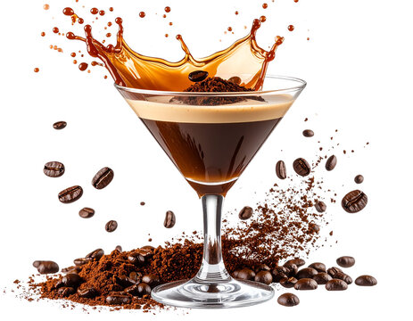 Espresso Martini Splash Effect with Flying Coffee Beans and Powder, Side Angle