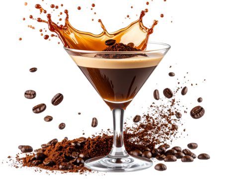 Espresso Martini Splash Effect with Flying Coffee Beans and Powder, Side Angle