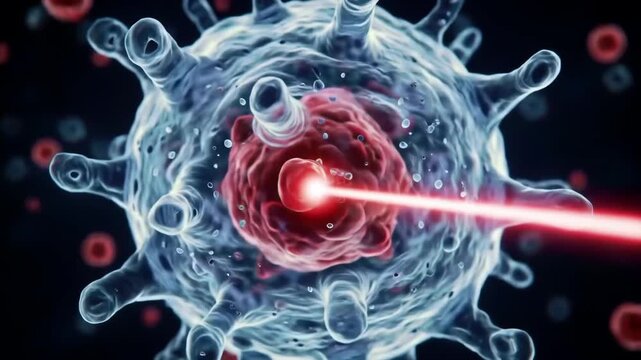 Cell with nucleus targeted by laser, CGI hyperreal animation, dramatic scientific closeup