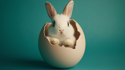 Obraz premium Easter rabbit, cute white bunny coming out of an opened egg on empty dark green background with copy space 