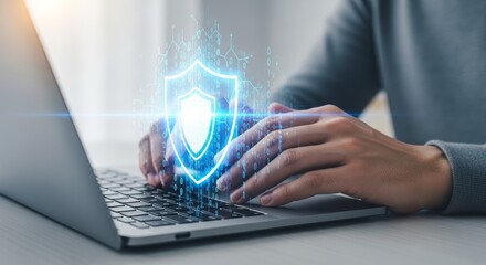 Secure digital protection with hands typing on laptop