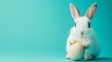 Obraz premium Easter rabbit, cute white bunny coming out of an opened egg on empty light blue background with copy space 
