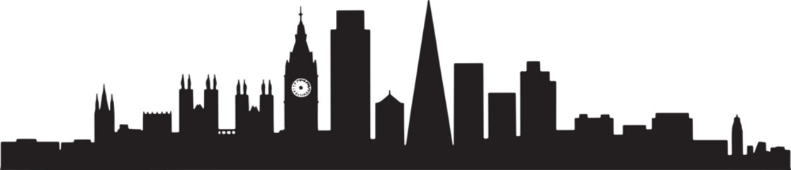 Obraz premium Detailed London Cityscape Silhouette Vector Illustration Depicting Iconic Landmarks Against Transparent Backdrop