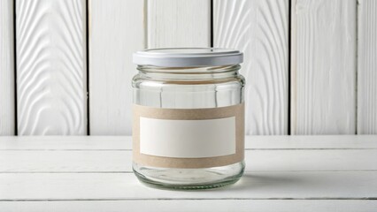Glass canning jar with blank label sits on a white wooden surface ready to be filled with preserves...