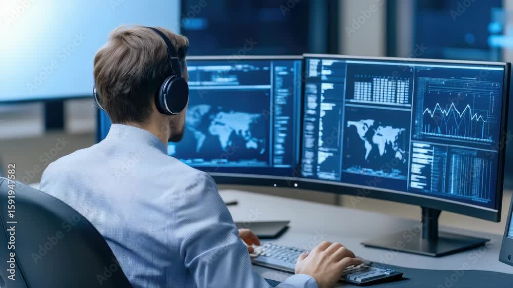 Poster professional scrutinizes data trends and patterns through multiple monitors in a high-tech office en