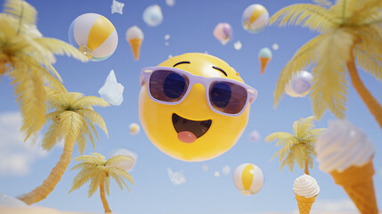 Naklejka premium Happy cartoon sun with sunglasses above a beach with smiling trees and beach toys in bright colors Generative AI