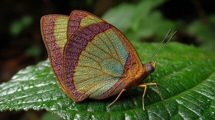 Obraz premium Butterfly resting on a green leaf displaying green and brown wings and a tan body