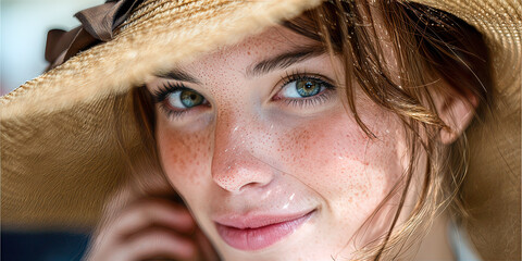 Sweet Lady &ndash; Close-Up Portrait with Straw Hat