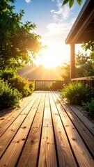 Wooden deck at sunrise overlooking lush greenery