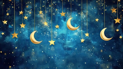 A whimsical digital art background featuring stars and crescent moons hanging from strings