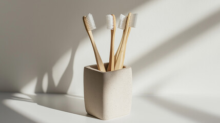 Eco friendly Bamboo toothbrushes with white bristles in square shaped grey concrete toothbrush holder at sunlight with shadows from window. Sustainable living concepts, minimal style aesthetic 