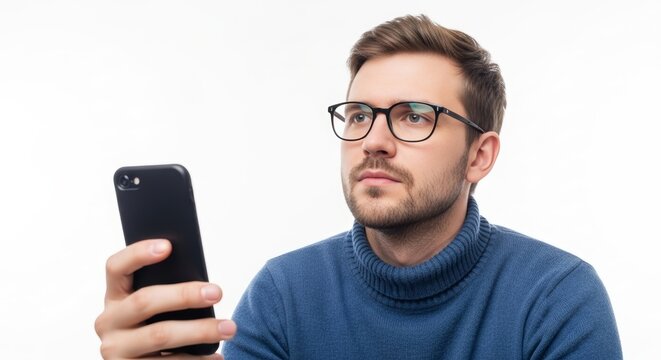 Thoughtful young man with glasses examines smartphone.
