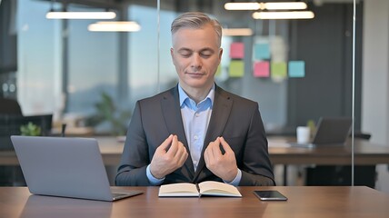 Businessman meditating at desk in office for stress relief and mindfulness practice